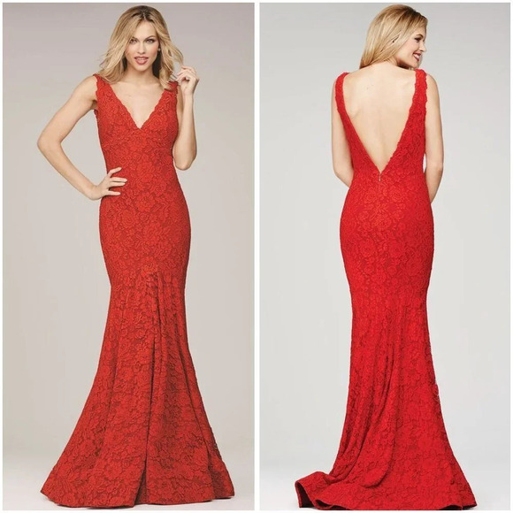 Jovani Red Floral Lace Double V-Neck Gown $550 - Picture 1 of 14